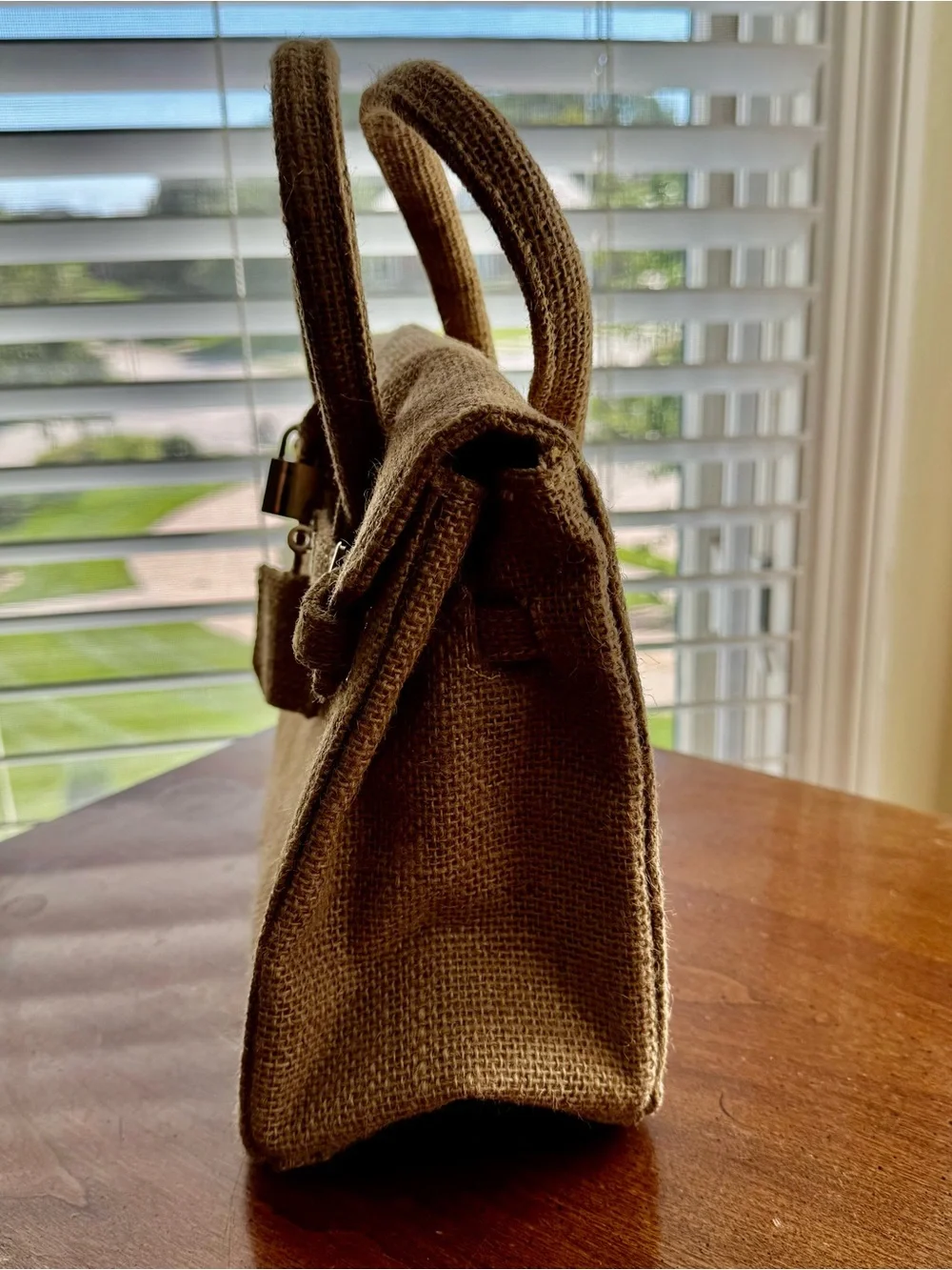 Birkin Style 25 Satchel Double Handle Bag - Natural Jute/Burlap - 25cm - Picture 5 of 7